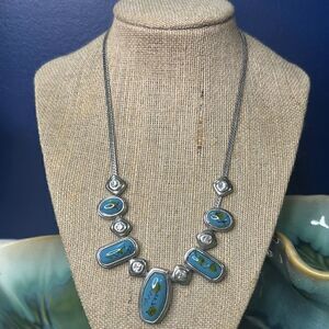 Unique Hand Painted Turquoise Statement Necklace   On Silver Chain 16”